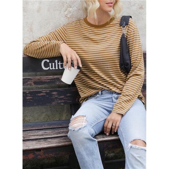 Women's Casual Striped Long Sleeve Tops Crew Neck Knit Basic T Shirts - Picture 5 of 7